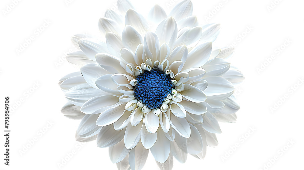 White daisy flower with a blue center on a white background