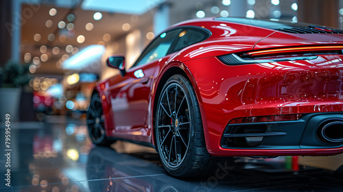 Dramatic low angle shot showcasing the muscular undercarriage and gleaming alloy wheels of a sports car in a modern, minimalist showroom - Generative AI