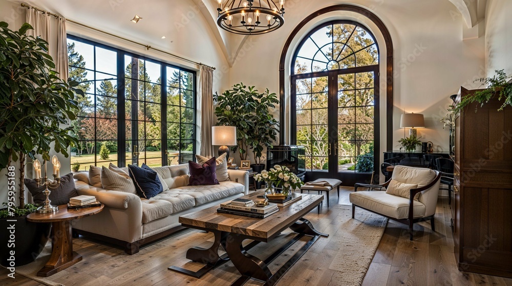 Luxurious Arched Window Living Room with Lush Garden Views