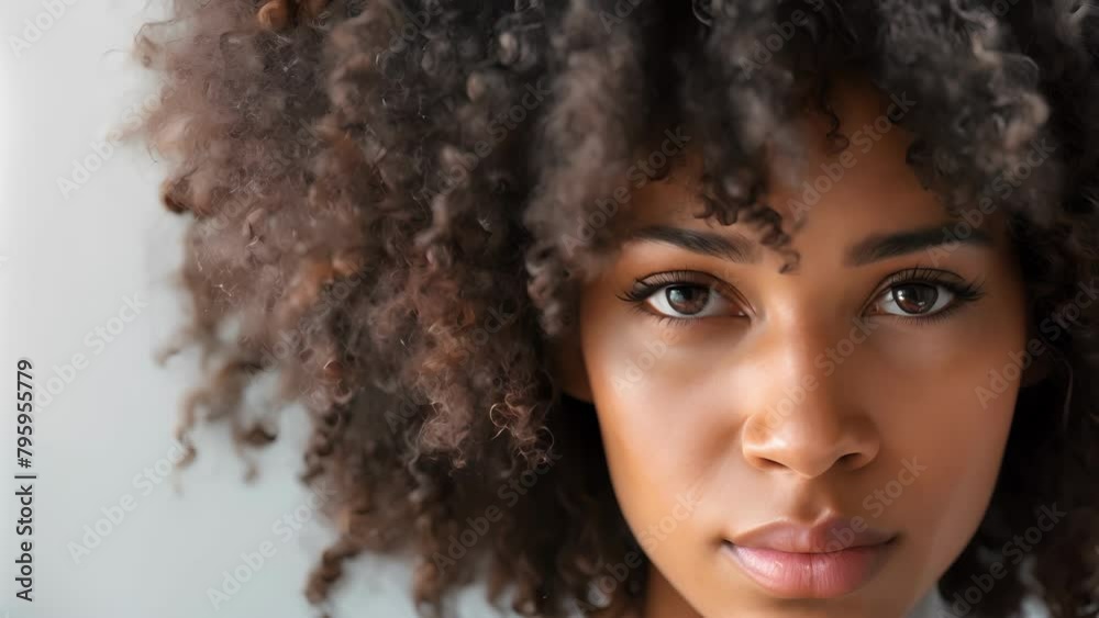 Closeup of a person of color with natural hair confidently rocking their curls and defying Eurocentric beauty standards. The natural hair movement is breaking societal norms and promoting .