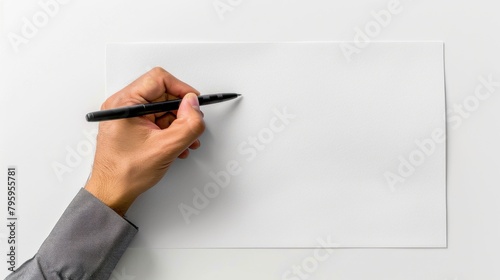 A hand is writing on a blank piece of paper with a pen.