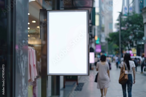 A white sign is hanging on a building. The sign is empty and has no writing on it. The scene is set in a busy city street with people walking by