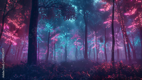 a foggy forest with tall trees and a red tree in the foreground photo
