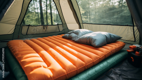 Camping tent with sleeping bags and pillows on the bed. © Creative Laik