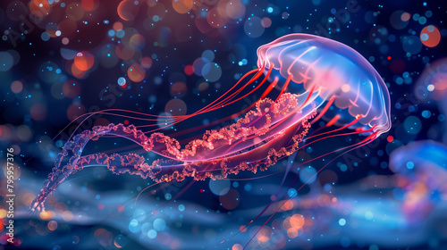 Jellyfish swimming, Colorful red blue glittering particles flow smooth ink swirling in water.