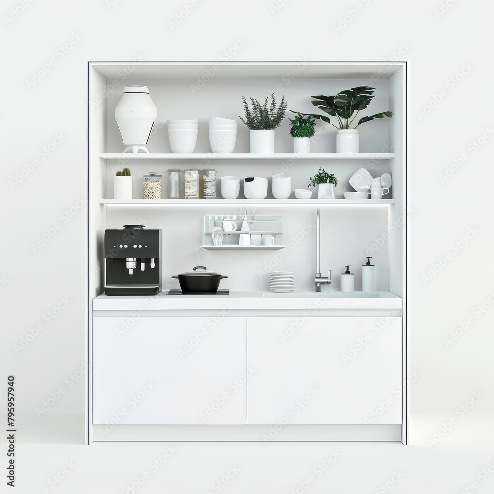 3D Render of a minimalist white kitchen with hidden storage and integrated appliances, on isolated white background, Generative AI 3D Render of a minimalist white kitchen with hidden storage and integrated appliances, on isolated white background, Generative AI