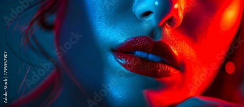 A close up of a woman s face with red light shining on her  creating a dramatic effect