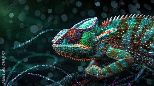 Digital chameleon in neon colors. Big data visualization. Information aesthetic design. Animal learning. Generative AI