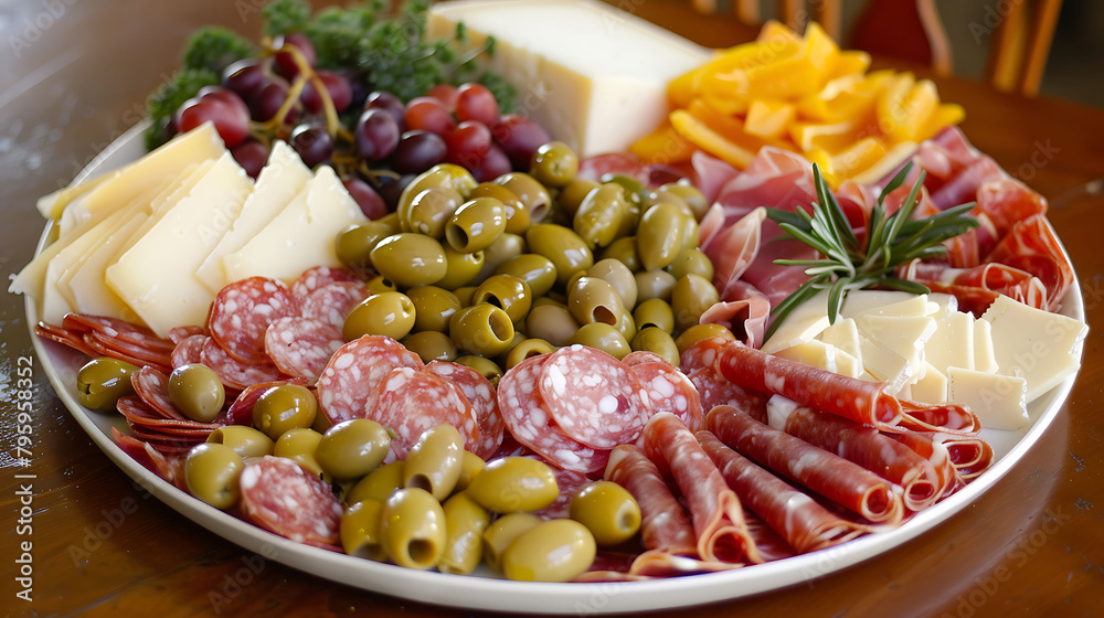 a plate of assorted cheeses and olives