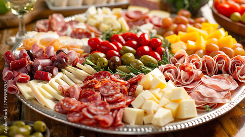 a platter of assorted cheeses and olives