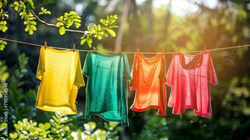 A clothesline filled with vibrantly colored  freshly washed laundry drying in the sunshine  representing a natural and eco-friendly drying method.