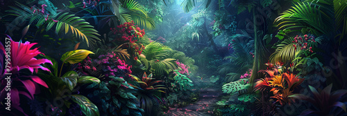 beautiful jungle with colorful flowers and green leaves  generative AI