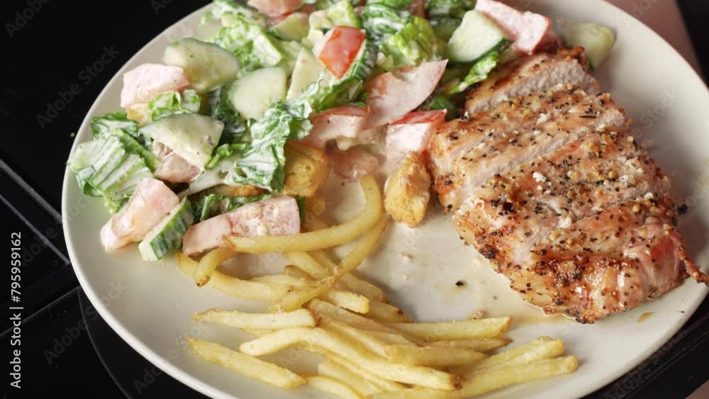 Eating French fries served with sliced pork grilled stake and vegetable salad on white plate Eating French fries served with sliced pork grilled stake and vegetable salad on white plate