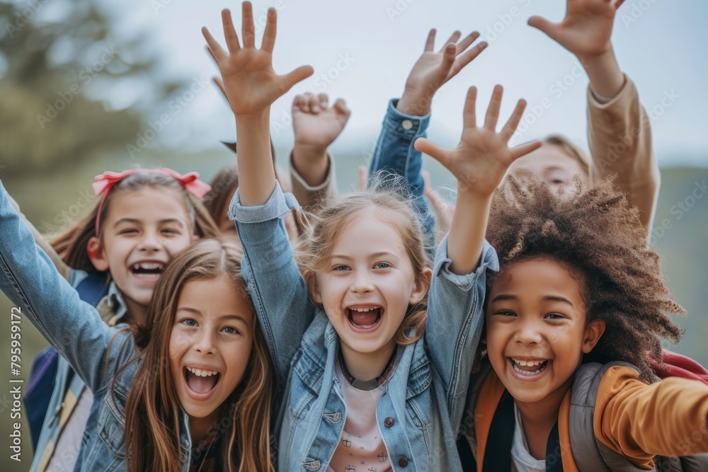 Group of happy schoolchildren with raised hands having fun outdoors. Education concept Group of happy schoolchildren with raised hands having fun outdoors. Education concept