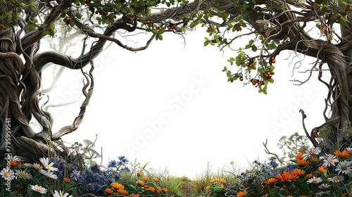 Scary creative floral frame of roots and flowers on transparent background 