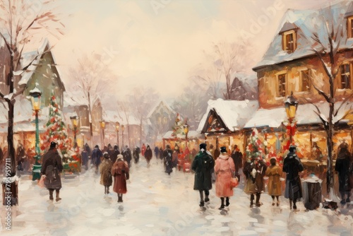 A christmas market painting city architecture © Rawpixel.com