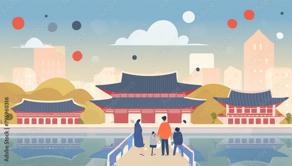 Vector illustration of Korean old buildings and people located on the riverside