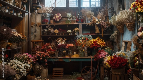 A florist's workplace decorated with dried flowers, wreaths and accessories. Extensive copy space celebrates the art of floral decoration, flower arranging.