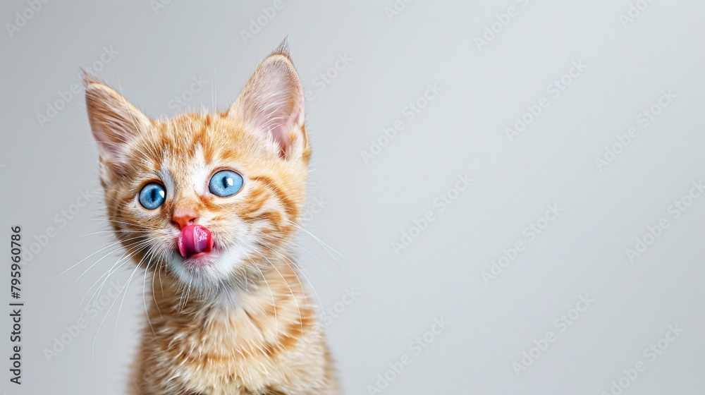 Humorous portrait of a white-red kitten with blue eyes licking its lips, studio photo