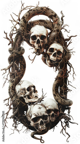 Scary creative frame of snakes and skulls on white background 