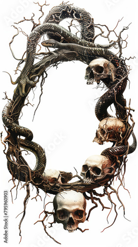 Scary creative frame of snakes and skulls on white background 