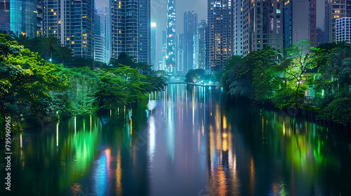 a serene river flows through a cityscape, flanked by lush green trees and towering buildings, under