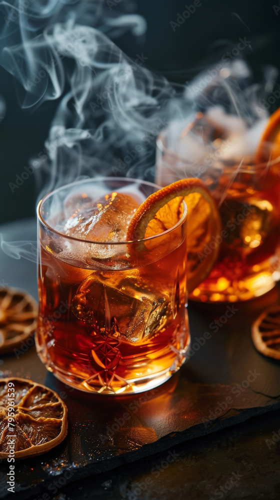 Smoked whiskey on the rocks, enveloped in mystery, casting a spell with its swirling citrus mist. Smoked whiskey on the rocks, enveloped in mystery, casting a spell with its swirling citrus mist.