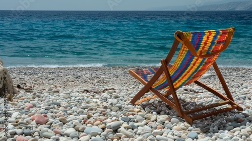 A colorful woven beach chair on a pebbled Mediterranean beach with turquoise water in the background.