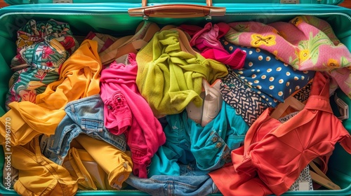 A suitcase overflowing with colorful summer clothes, ready for a fun vacation. 
