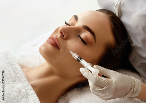 Beautiful young woman getting fillers injection in her face. Beauty treatment.Beauty injections.
