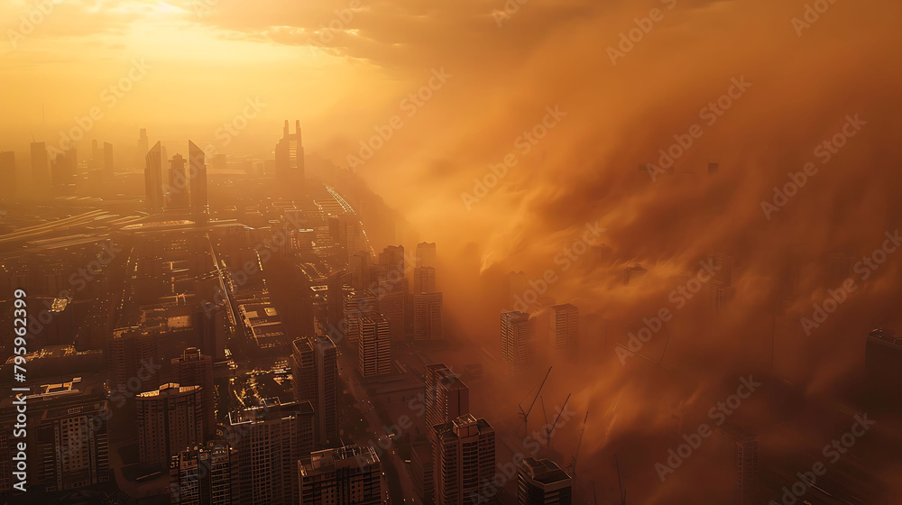 a towering cityscape illuminated by the sun as it rises over a bustling cityscape