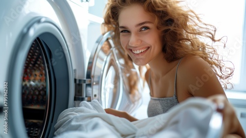A person with a satisfied smile pulling out clean and fresh laundry from a washing machine in a white room.