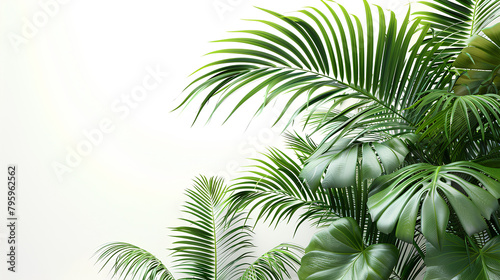 Realistic palm leaves shrubs corner on white background 