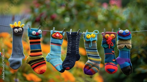 Mismatched socks hanging on a clothesline, transformed into playful sock puppets with googly eyes. photo