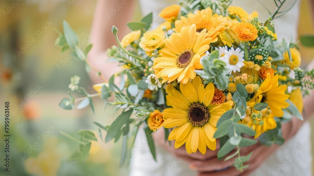 A rustic wedding bouquet filled with vibrant yellow flowers, symbolizing joy and new beginnings. 