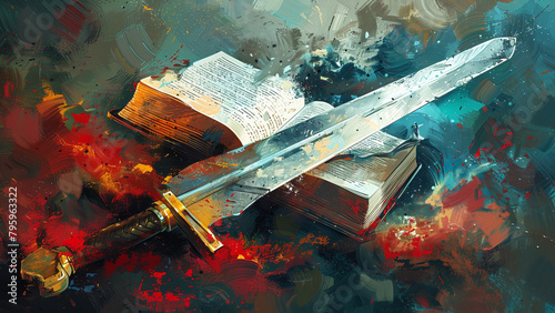 Bible and Sword: Digital Illustration of Spiritual Warfare and Faith, Harnessing Strength Inspiring Concept of Bible and Sword in Artwork