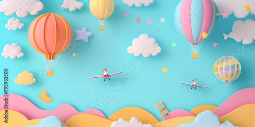 Children's Day with flying colorful 3d paper balloons and airplanes on school notebook background. ballons poster template