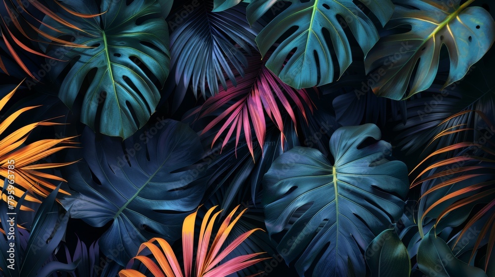 Tropical leaves close-up on black background Tropical leaves close-up on black background