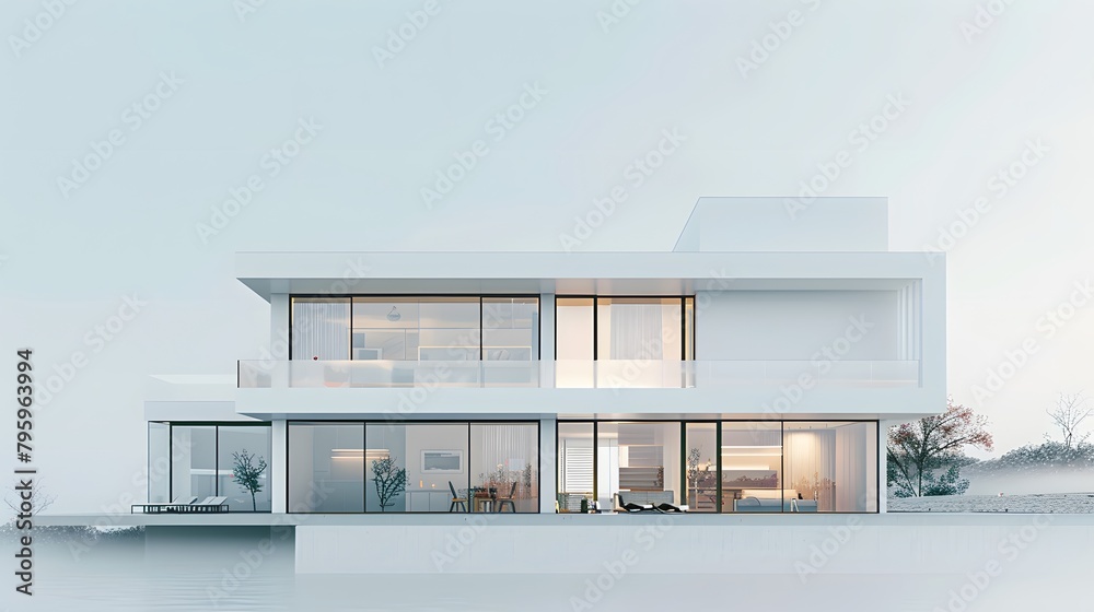 Describe an illustration featuring a 3D rendering of a sleek and modern minimalist house set against a pristine white background