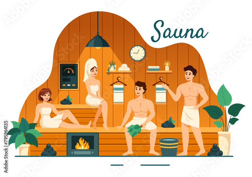 Sauna and Steam Room Vector Illustration with People Relax, Washing Their Bodies or Enjoying Time in Flat Cartoon Background Design