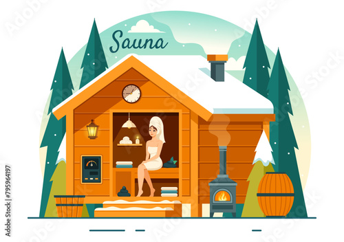 Sauna and Steam Room Vector Illustration with People Relax, Washing Their Bodies or Enjoying Time in Flat Cartoon Background Design