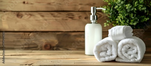 Towels and a bottle of moisturizing lotion are placed on a rustic wooden table for skincare routine