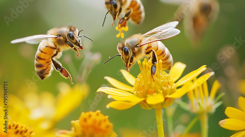 a group of bees gather around a cluster of yellow flowers © YOGI C