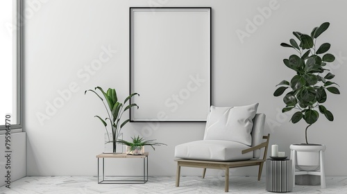 minimalist interior with blank frame mock up on wall