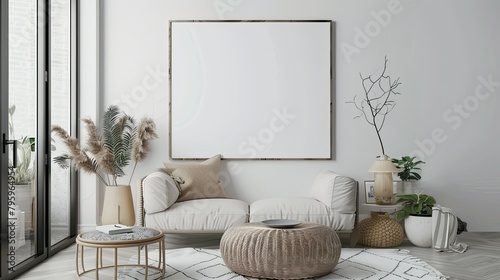 minimalist interior with blank frame mock up on wall © Benyafez Studio