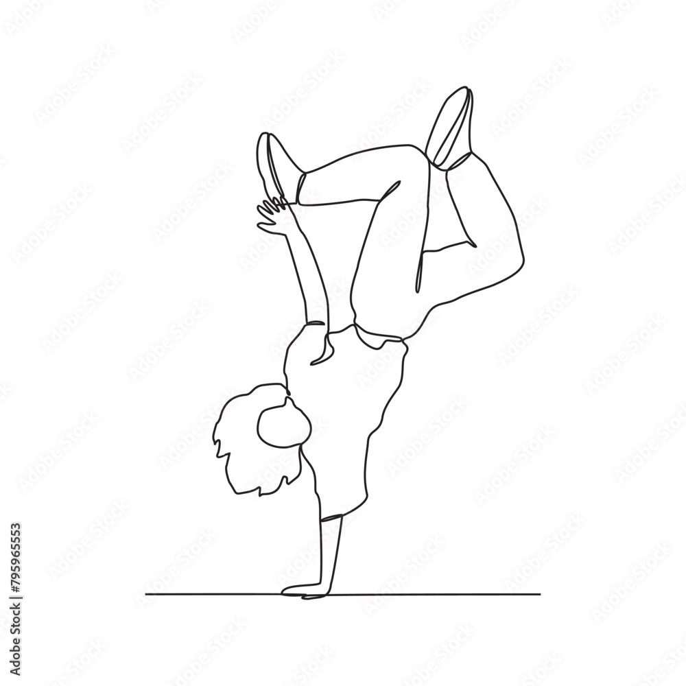One continuous line drawing of a breakdancing people vector design illustration. Breakdancing consists of four main elements : Toprock, Downrock, Power moves and Freezes. Breakdancing design concept.