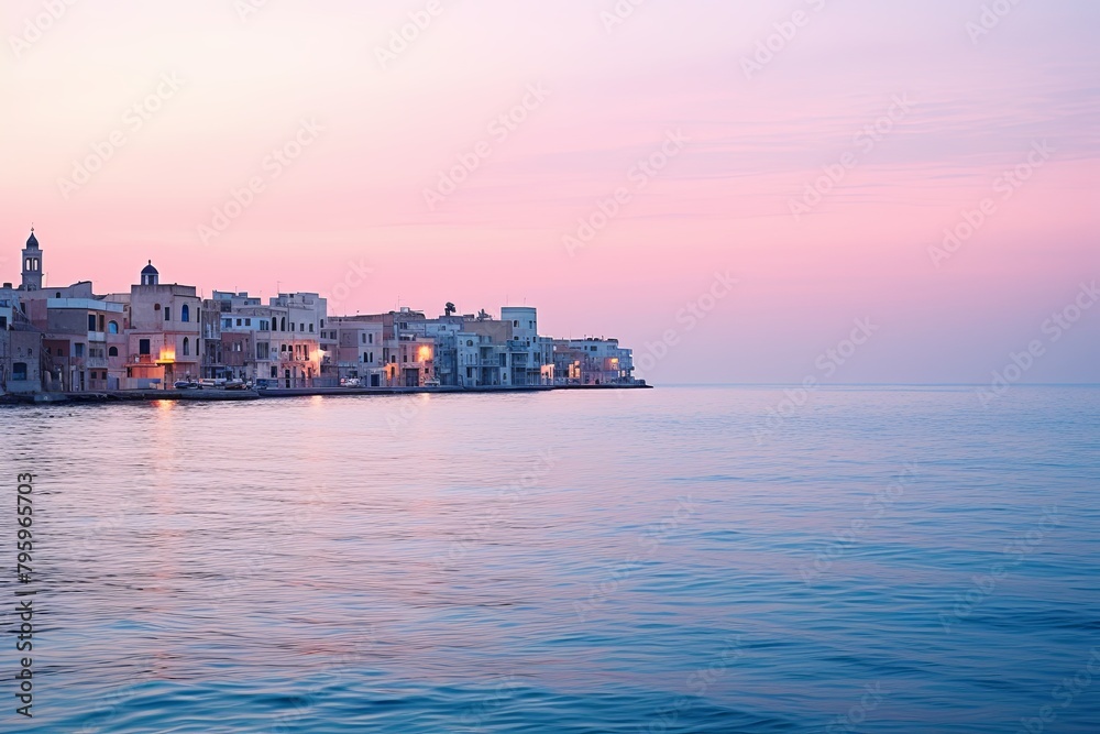 Fototapeta premium Mediterranean Sea Gradient Elegance: Vibrant Dusk in Seaside Town