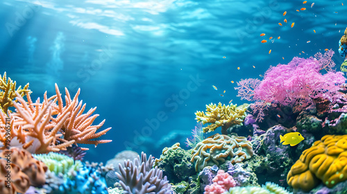 a vibrant coral reef with a variety of colorful fish swimming in the blue water
