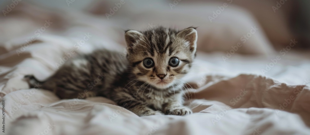 A cozy domestic kitten with fluffy fur is comfortably settled on a soft bed A cozy domestic kitten with fluffy fur is comfortably settled on a soft bed