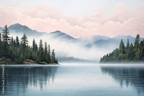 Morning Mist Serenity: Lake Gradients in Tranquil Water Hues